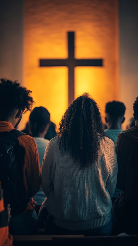 varias personas mirando hacia una cruz